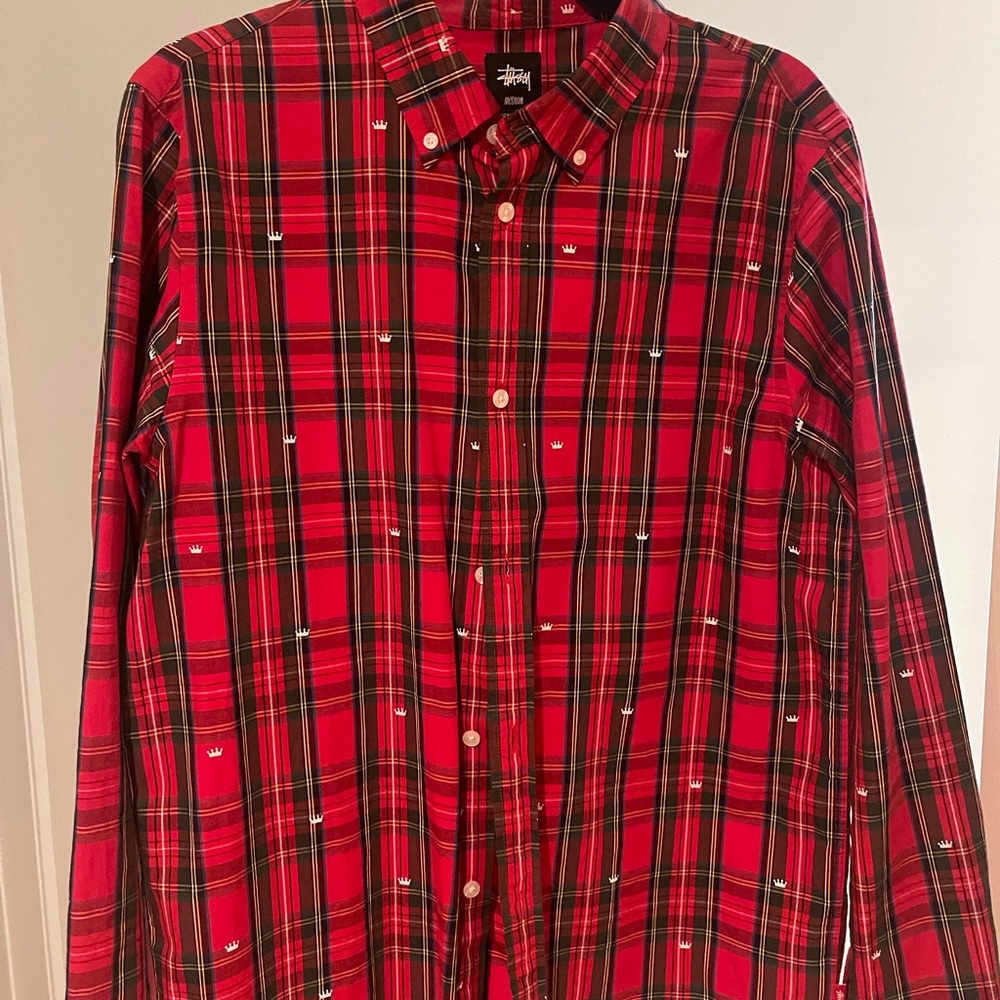 Stussy Red Plaid Crown Logo Flannel Size M